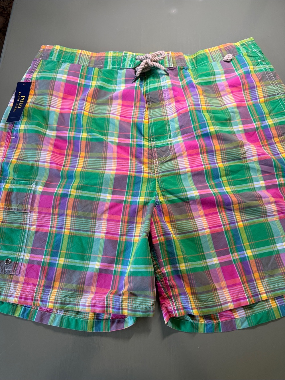 Men’s Polo by Ralph Lauren Green Plaid Swim Shorts with Pink & Yellow Accents